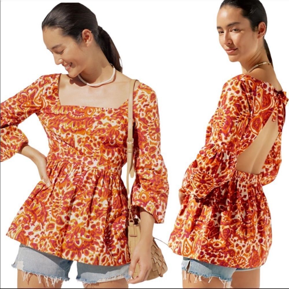 Anthropologie Love the Label Floral Tie-Back Blouse in Melba Orange